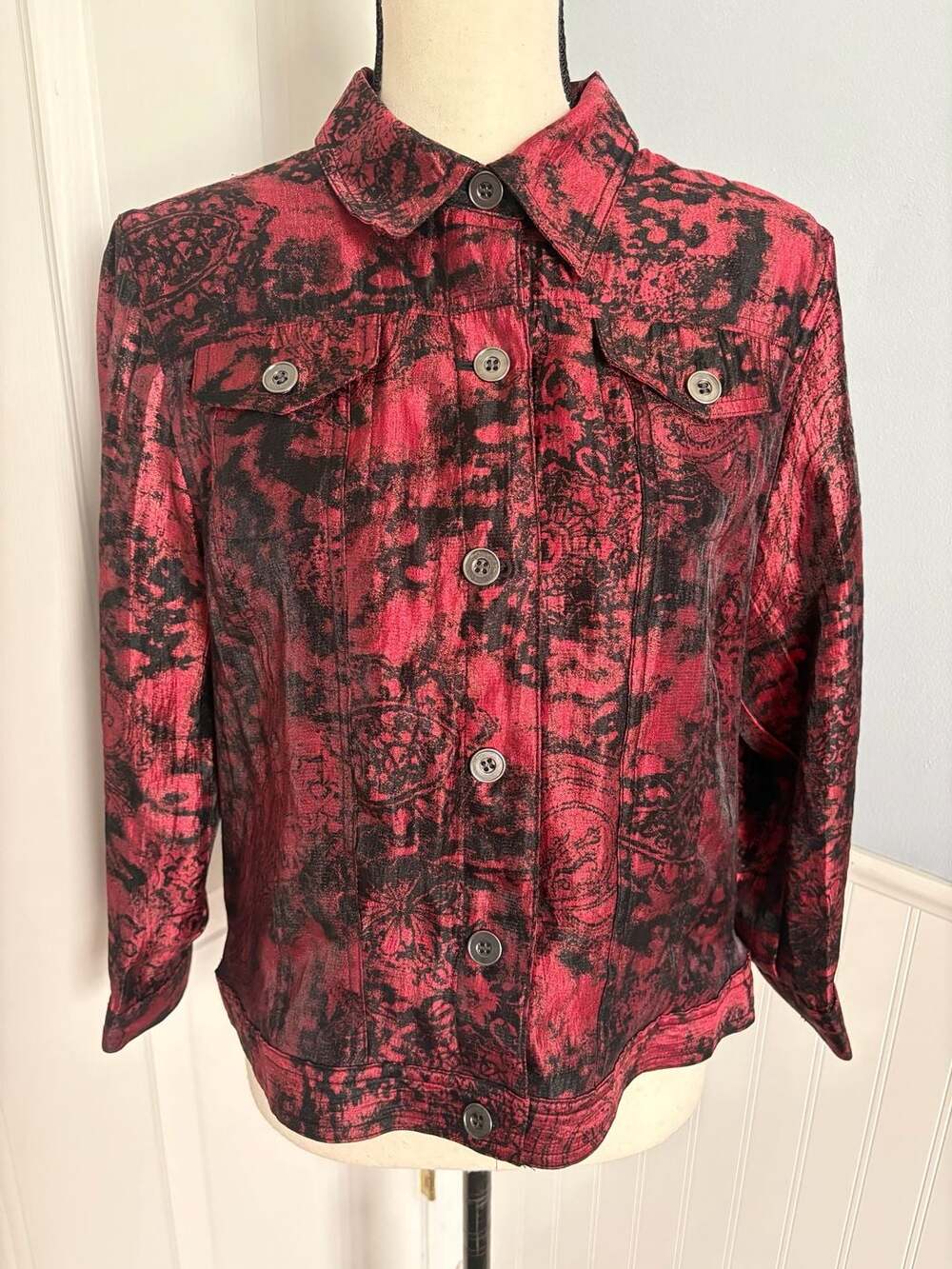 Ruby Rd. Red and Black Paisley Overdyed Button Front Jacket